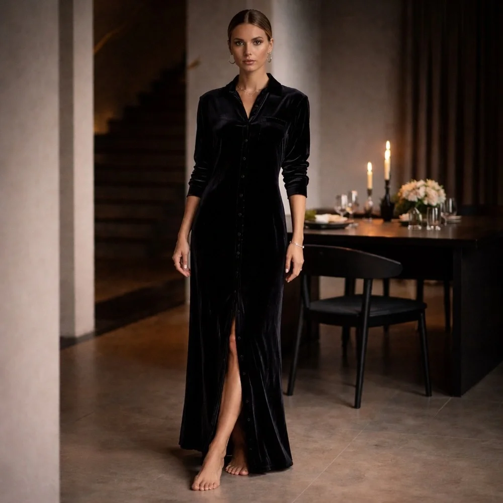 Ralph Lauren Vintage Black Velvet Maxi Shirt Dress Minimalist Quiet Luxury Small - Picture 7 of 7